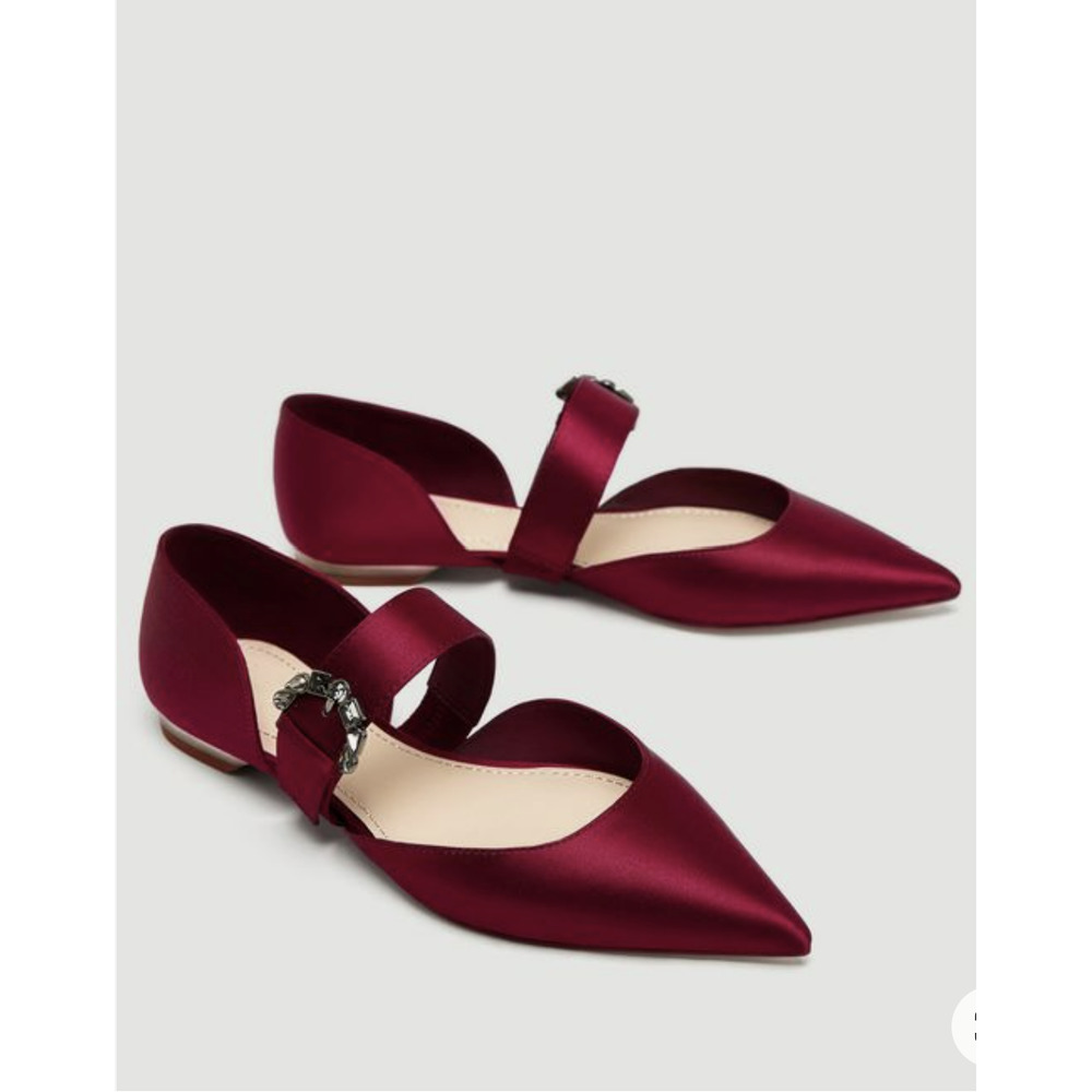 ZARA BALLERINAS GEM RHINESTONE BUCKLE SATIN RED FLATS SHOES. 6